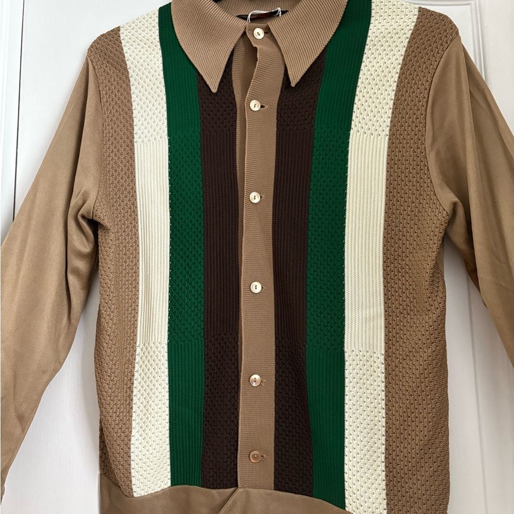 Tan and Green Striped Button-Up Cardigan/shirt